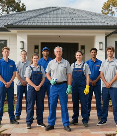 A wide-angle shot of a professional cleaning team standing together in a modern, sun-drenched Australian house in Adelaide. They wear professional blue and light gray uniforms in a clean, trustworthy setting.