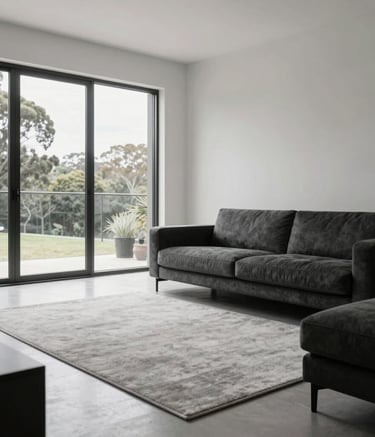 An interior photograph of a minimalist Australian living room in Adelaide with large windows and bright natural light. The surfaces are polished and dust-free, highlighting a light gray rug and clean charcoal furniture.
