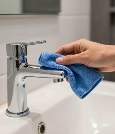 A professional close-up of a hand using a blue microfiber cloth to polish a bright, clean chrome faucet in a modern Australian bathroom in Adelaide. The background shows soft-focus white tiles and a hint of dark gray decor.
