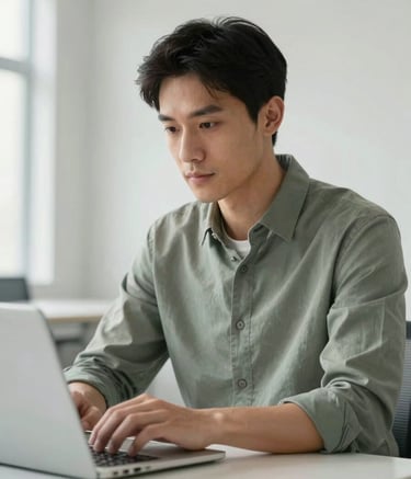A professional man in a muted sage green shirt looking confidently at a laptop screen in a modern, bright office. The background features clean lines and soft off-white walls, conveying a sense of expert guidance and reliability.