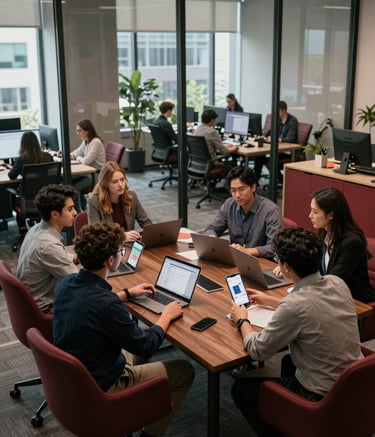 A high-angle photography shot of a modern collaborative meeting room in a North American / US city. Glass walls reflect a professional workspace. The scene includes mobile app developers discussing project strategy with muted red and dark brown accents in the interior design, exuding trust and expertise.