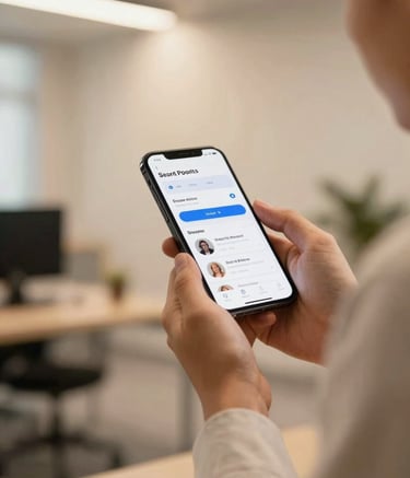 Photography of a professional tech expert in a sleek North American / US office, holding a modern smartphone and reviewing an app interface. The lighting is warm and professional, using a palette of sandy yellow and off-white to create an innovative atmosphere.