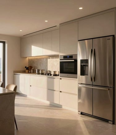 A wide-angle professional photograph of a luxury villa interior in Cedre Villas, Dubai, featuring high-end kitchen appliances like a built-in oven and French-door refrigerator. The lighting is warm and inviting, highlighting a clean and modern Gulf lifestyle.