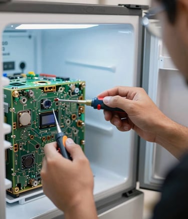 A close-up photograph of a skilled technician's hands using professional electronic testing tools on the internal circuits of a high-end refrigerator. The setting is a bright, modern Middle Eastern kitchen with soft blue and white lighting, emphasizing precision and expertise.