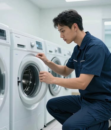 A professional technician in a clean uniform inspecting a modern washing machine in a bright, well-lit Dubai laundry room. The scene is clean, efficient, and emphasizes trust, featuring soft navy and light blue tones.