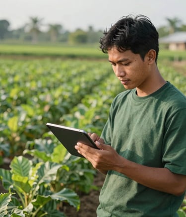 Young Southeast Asian / Indonesian farmers looking at a digital tablet in a lush green agricultural field, sunny lighting, modern agricultural innovation, featuring Dark Green and Light Green tones.
