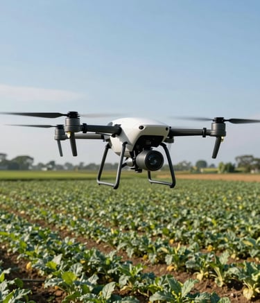 A modern agriculture drone flying over a neatly organized organic farm, clear blue sky, capturing crop data, professional and tech-forward, Southeast Asian / Indonesian landscape.