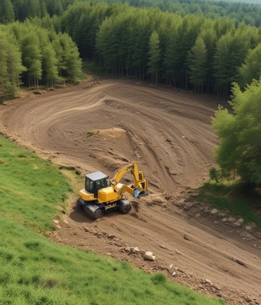 A solar farm stretching across cleared rural land with workers managing equipment.