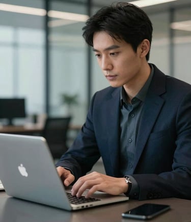 A professional in a modern North American / US office looking at a sleek laptop screen. The environment is airy and sophisticated with a color palette of deep charcoal navy and muted silver-blue, emphasizing innovation and focus.