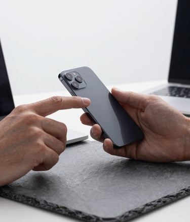 A close-up of a developer's hands interacting with a high-end smartphone in a minimalist North American / US tech studio. The workspace is clean, featuring slate grey surfaces and soft mist white lighting, reflecting a professional atmosphere.