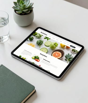 A minimalist, clean workspace featuring a modern tablet displaying a nutrition-themed website layout. The scene includes a glass of water, a small succulent in a soft sage pot, and a dark slate green notebook, all under bright, natural light.