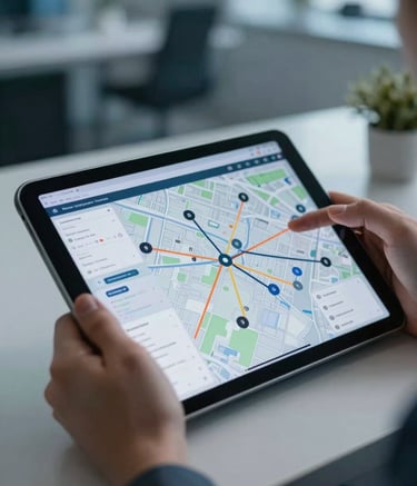 A close-up of a digital tablet showing network maps in a high-tech office environment, professional hands visible, North American corporate setting, soft blue lighting.