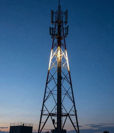A low-angle shot of a glowing telecommunications tower against a twilight sky in a North American landscape, sharp focus, vibrant sky blue and deep navy lighting, high-tech aesthetic.