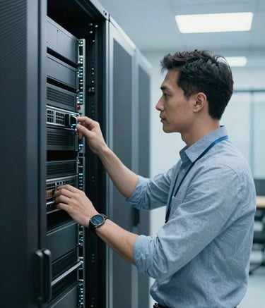 A professional IT expert in a collared shirt inspecting a sleek server rack in a bright North American data center, cool lighting with blue tones, professional atmosphere, minimalist composition.