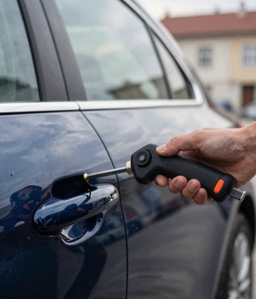 Close-up photography of a specialized tool for vehicle unlocking being applied to a car door handle by a professional. The car is a polished dark navy blue. The setting is a clean European / Romanian urban environment with soft white morning light. Sharp focus on the precision of the work.