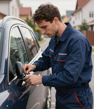 A professional automotive technician dressed in a slate blue uniform efficiently working on a car door lock. The scene is set in a modern European / Romanian residential neighborhood during the day. The composition is a medium shot with a focus on the reliability and professionalism of the service. Colors include dark navy blue and soft white light reflections.