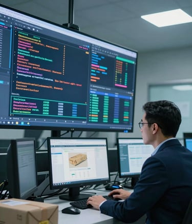 A high-tech logistics monitoring center with soft blue lighting. A professional in business attire observes logistics data on large screens, focusing on security and tracking of specialized mail. Brazilian corporate setting.