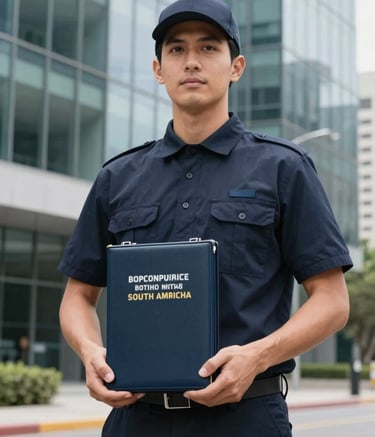 A professional courier in a clean, dark navy uniform holding a high-security document case in front of a modern South American corporate glass building. Professional lighting, focused composition, conveying reliability and specialized courier services.