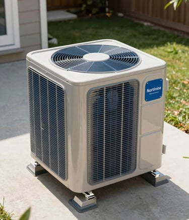 A high-angle shot of a newly installed outdoor air conditioning unit in a residential backyard in North American / US. The unit features professional blue and soft light grey metallic finishes, sitting on a clean concrete pad under bright, natural daylight.
