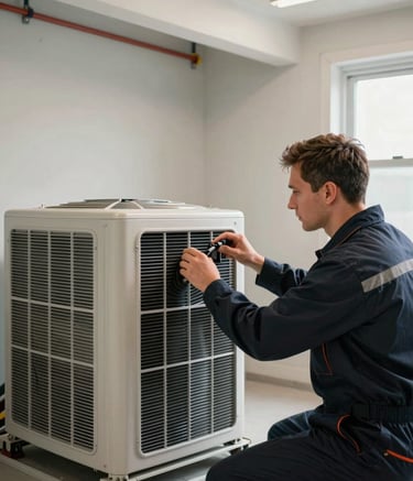 A professional HVAC technician in a dark navy uniform inspecting an indoor air handling unit in a modern North American / US home basement. The scene is well-lit and organized, conveying a sense of expertise and modern efficiency.