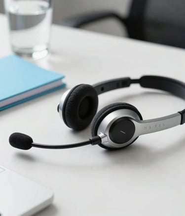 Macro photography of a sleek, high-end professional telemarketing headset resting on a minimalist white desk in a bright South American office, with a Sky Blue notepad and a glass of water in soft focus background.