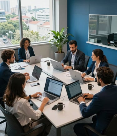A high-angle professional shot of a modern corporate office in Brazil, where South American professionals are collaborating at a large shared desk, soft natural light through large windows, Alice Blue and Steel Blue decor accents.