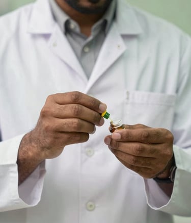 A close-up photograph of a South Asian pharmacist in a clean white coat, meticulously preparing a remedy. The background features warm sage green tones. The focus is on the precision and care of the professional's hands as they work.