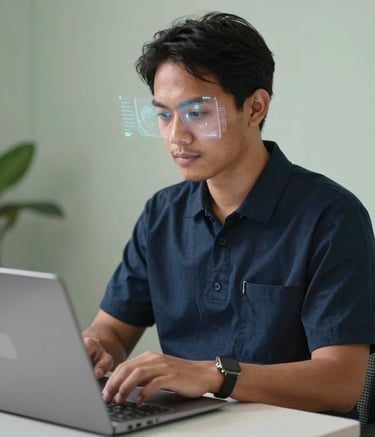 A high-quality lifestyle photograph of an Indonesian worker in a clean, professional environment using a laptop. A subtle holographic interface glow reflects on their face, signifying AI learning. Sophisticated and empowering mood. Soft sage and dark navy color palette.