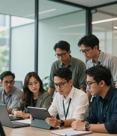 A professional, candid photograph of a group of Indonesian tech professionals in a modern glass-walled office in Jakarta. They are looking at a tablet together. The lighting is bright and natural. The room has subtle forest teal and pale mist accents in the decor.