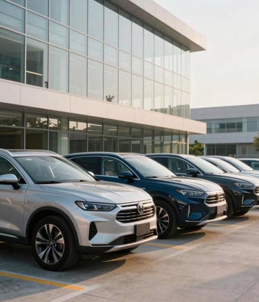 A wide-angle, brightly lit photograph of a row of modern silver and dark blue SUVs parked outside a contemporary North American glass office building. Clean, professional atmosphere with morning light.