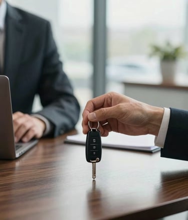A close-up photograph of a professional hand handing over a set of modern car keys to a customer over a polished dark wood desk in a bright, modern North American office. Soft natural light through large windows creates a trustworthy and sophisticated atmosphere.