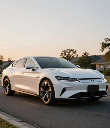 A sleek, white executive sedan parked on a clean asphalt road in a suburban North American business park. The sun is setting, casting a warm glow on the polished car body. High-quality automotive photography, modern and professional.