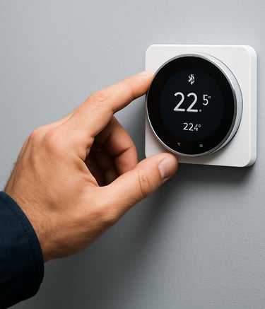 A close-up photograph of a professional technician's hand adjusting a high-tech digital thermostat. The background features a clean wall in pale grey-blue, with the technician wearing a dark navy blue sleeve. The lighting is bright and clear, emphasizing technical precision.