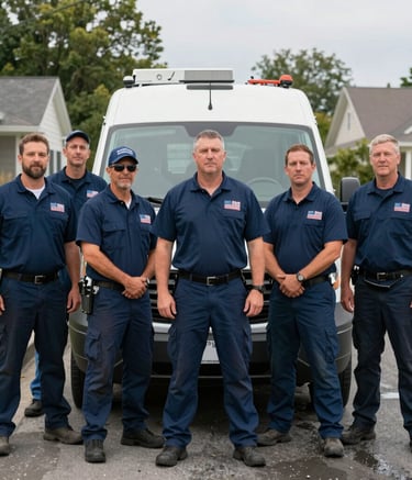 A group of professional water damage restoration technicians standing confidently in front of their service van, wearing branded navy blue uniforms, North American suburban background.
