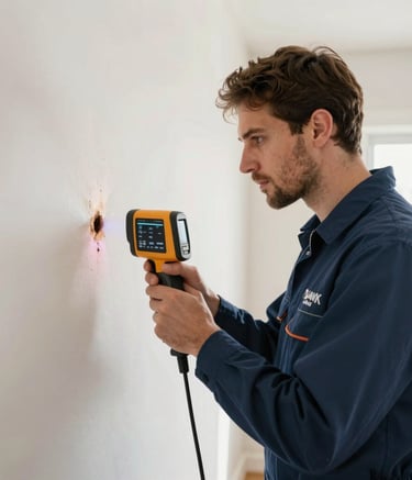 A professional restoration technician in a branded uniform using a thermal imaging camera to inspect a wall for hidden water damage inside a North American home, bright and clean composition.