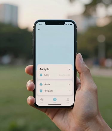 A close-up photography of a hand holding a sleek smartphone in an urban park in a Global English-speaking region, displaying a minimalist Android app with soft light blue and off-white user interface elements, late afternoon natural light.