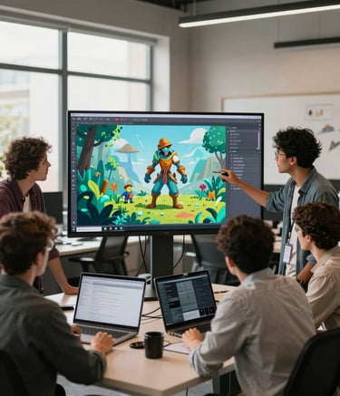 A diverse team of designers and developers in a modern, sunlit tech studio in a Global English-speaking region, collaborating over a large screen showing a vibrant game character sketch with teal and light blue accents.