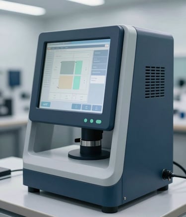 Close-up of a high-tech computerized paint-matching system in a modern North American / US auto body shop. The lighting is crisp and sterile. Focus on the precision of the technology with dark blue and light gray accents.