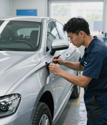 A professional auto body technician in a clean, modern workshop in North American / US, focusing on precise panel alignment of a late-model silver sedan. Soft, bright natural light. The environment features medium blue and light gray equipment.