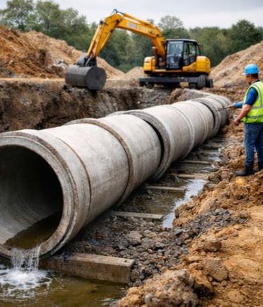 Obra de drenagem urbana com instalação de grandes tubos de concreto para escoamento de águas pluviai