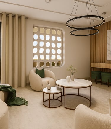 Modern luxury living room featuring curved beige sofas, nested coffee tables, and a minimalist black ring chandelier.