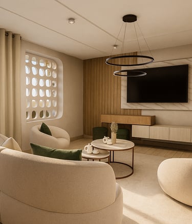Modern luxury living room featuring curved beige sofas, round coffee tables, and a wall-mounted TV with wood paneling.
