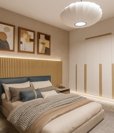 Modern master bedroom with wood slat headboard, blue accents, and white built-in wardrobes.