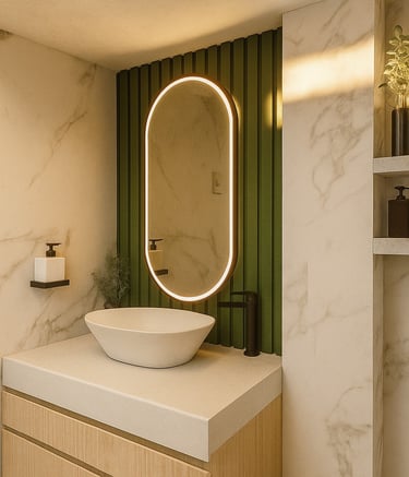 Unbaño moderno con predominate pintura verde, lo que la relaciona con la naturaleza y da vida