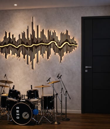 Modern drum set in a music studio with a backlit sound wave wall art decoration.