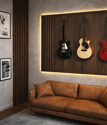 Modern music room with electric and acoustic guitars mounted on a backlit wood wall panel above a brown leather sofa.