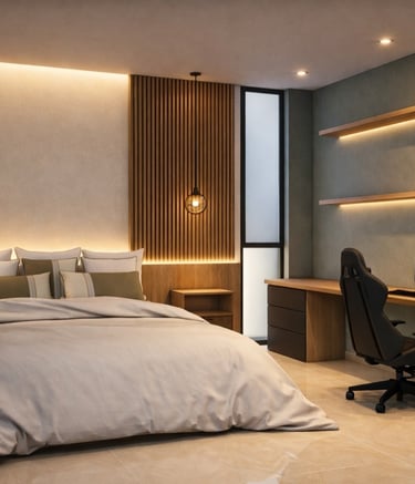 Modern bedroom with integrated desk, gaming setup, wooden slat wall, and warm LED accent lighting.