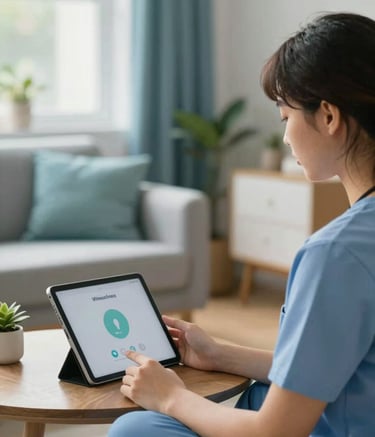 A high-quality lifestyle shot of a person in a cozy, sunlit room having a therapy session via tablet. The scene is peaceful and serene, featuring soft blue and teal decor that matches the brand mood of modern wellness and confidential care.