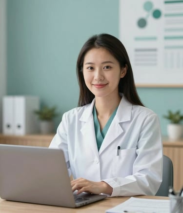 A professional psychologist sitting in a bright, modern office, looking warmly into a laptop camera. The environment is calming with soft teal accents and natural wooden furniture. The lighting is soft and empathetic, reflecting a trustworthy clinical atmosphere with a palette of soft teal and white.