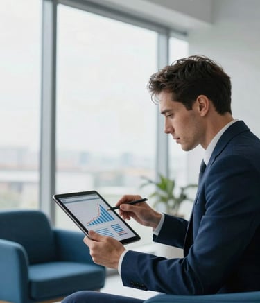 A professional in a modern North American / US office setting using a high-end tablet to review financial growth charts. The room is bright with large windows, featuring minimalist furniture in midnight blue and sky blue tones.